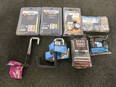 (2) Reflective Vests, Central Pneumatic 3/8" Air Regulator, Screws, Steel Wool, V-Flex Self-Adhesive, (8) After Hangers