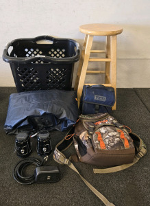 Intex Air Mattress, Igloo Camo Backpack, Yeti Lunch Box, Tall Laundry Basket, Wood Stool, Extension Cord, (2) LED Lanterns