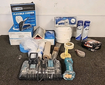 Drywall Supplies.. 8 Rolls of No-Coat Structural Drywall Corner System... Cupped Head Drywall Nails.. Trim-Tex Spay Adhesive.. Makita Double Battery Charger... Staple Gun.. and More..
