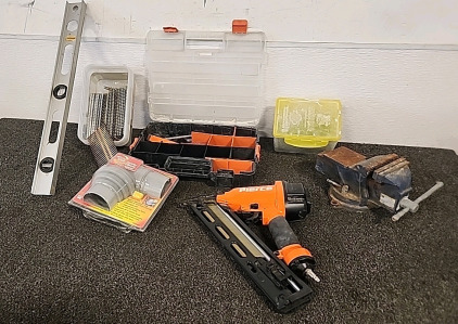 Pierce Air Finish Nail Gun.. Table Vice.. Drywall Grabber Screws.. Nails.. 2' Level.. and more..