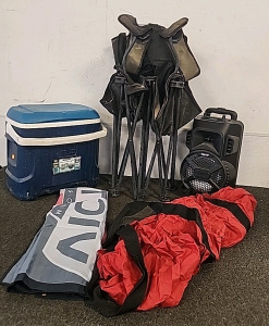 Summer Is Coming... Tzumi Outdoor Party Speaker.. Double Seated Camping Chair.. Igloo Cooler.. Victory Motorcycle Banner.. Large Camping Duffle Bag..