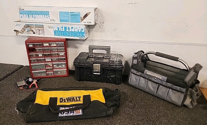 Husky Toolbox.. Workforce Job Bag.. DeWalt Job Bag.. 2 Half Rolls of Protective Carpet Film.. Hardware Organizer.. Automatic Batter Charger..
