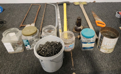 Hand Saws, Axes, Various Screws, Nuts, And Bolts.