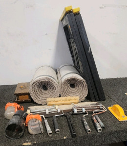 Painters Dream Lot, Shelfs, Paint Rollers, Rolls of Carpet, Wooden Shelves, Tools, And More!
