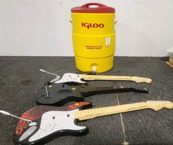 Igloo Industrial 10- Gal Container, And RockBand Guitars.