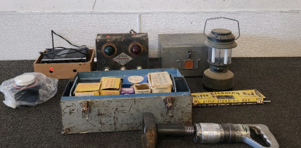 International Electric Company Model 106 Electrical Property Vintage Epectric Fence Controller, Remington Stud Driver With Parts, Rifle Cleaning Rod, Sun Accessory Case, Coleman Lantern, and More!