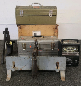 Millers Falls Miter Box, Heaters Super Model 3 Reloading Press, Park Toolbox, Craftsman Toolbox, SEARS Automotive Analyzer, And A Box of Resinbond No Lap Bands!