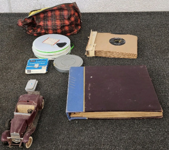 Super 8mm Film Reels With A Sears Quik Splice Super 8mm Automatic Butt Splicer Box, Plaid Bag, 2 Books Of Various Vinyls And A Model 1930 Packard Vehicle.