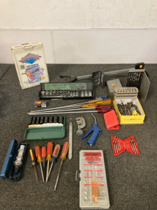 40 piece socket set, drill bits, 21 piece 3/8 DP socket set and pet door and more