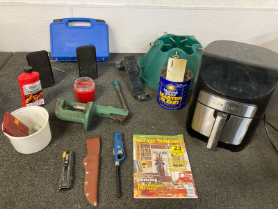 Gourmia fryer, Christmas tree holder, truck hitch, and more