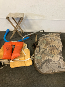 Hunting camel gun case, fishing chair ,Two lifejacket and more