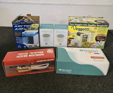 Tenovi Blood Pressure Monitor Kit, Vintage Veggetti Pro, Vintage Hamilton Beach Electric Knife, Arctic Air Pure Chill 2.0, (2) GlowPlay Bluetooth Speakers & LED Light Bulbs