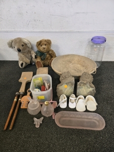Large Wooden Bowl, (2) Pairs Of Baby Shoes, (2) Vintage Wooden Thread Bobbins, Solid Rock Bookends, (2) Stuffed Toy Bears, Antique Perfume Bottles & More