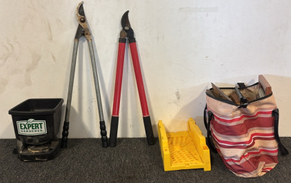 Shears, Handeld Spreader, Stanley Clamping Miter Box, & Assortment of Picture Frames