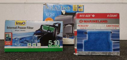 Aqua Tech Ultra Quiet Power Filter, Tetra Internal Power Filter, And Marineland Penquin Power Filter Cartridge.