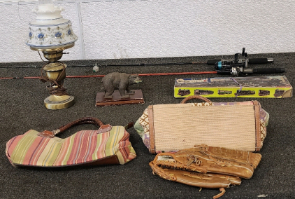 Shakespear Ugly Stick Fishing Pole, Shakespeare Alpha Denso Lite Fishing Pole, Vintage Quoizel Abigail Adams Hurricane Lamp, Kitmaster Plastic Scale Model Train Set, A Tent, Purses, Signed Baseball Glove, And A Bear Decor