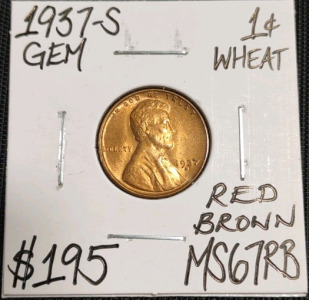 1937-S MS67RB Gem Wheat Copper Penny