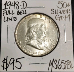 1948-D MS65FBL Full Bell Line Silver Half Dollar