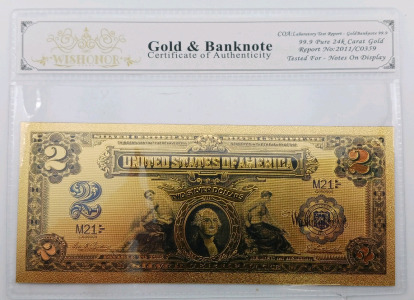 (1) 99.9 Pure 24K Gold Flaked $2 Bank Note w/ Certificate of Authenticity