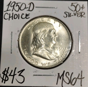 1950-D MS64 Choice Silver Franklin Half Dollar