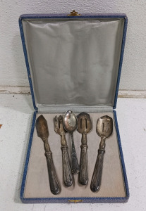 (5) Silverplate Flatware - (1) Reliance Plate Spoon (1) Decorative Spoon (3) Serving Utensils in Case