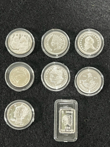 (8) 1 Gram Silver Rounds + Bar, In Airtight Capsules