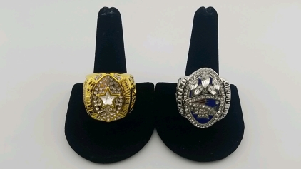 (1) Large Golden Plated Dallas Cowboy Ring - Size 11, (1) Large Silver Plated World Champions Patriots Ring - Size 12