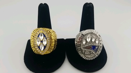 (1) Large Golden Plated Dallas Cowboy Ring - Size 11, (1) Large Silver Plated World Champions Patriots Ring - Size 12