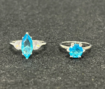 (1) White and Aquamarine Princess Cut Topaz Ring (1) Aquamarine Faceted Round Cut Ring