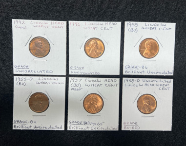 (6) Uncirculated Lincoln Head Wheat Cents 1942, 1946, 1955, 1955-D, 1957, 1958-D