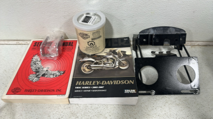 (1) Can of Harley Davidson Motorcycles Smokey Gold Acrylic Urethane (2) Harley Davidson Service Manuals (1) Harley Davidson License Plate/Taillight Bracket