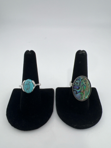 (1) Natural Blue Turquoise Oval Cut Ring (1) Beautiful Abalone Ring