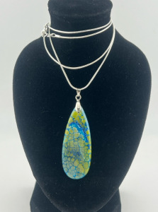 (1)40.00ct Natural Blue/Green Dragon Veins Agate Teardrop .925 Necklace