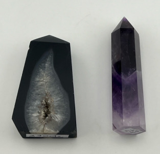(1) 330cts. Natural Black Onyx Geode Polished Crystal Gemstone Standing Point (1) 217cts. 3&rdquo; Tall Natural Amethyst Crystal Hexagonal Sphire