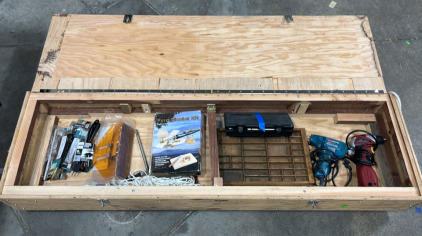 (1) Utility Storage Container (1) Makita Disc Sander (1) Close Quarter Drill (2) Wood Items (1) Socket Wrench Kit (1) spyro-Master Kit & More!