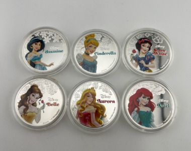 (6) Disney &ldquo;Princess&rdquo; Silver Plated Collector Coins