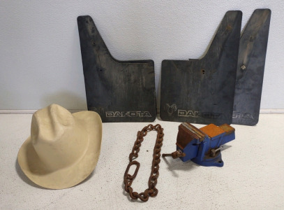 Interstate Blue Mount Vise, 36" Thick Chain, Cowboy Hard Hat, & Ram Dakota Truck Mud Flaps