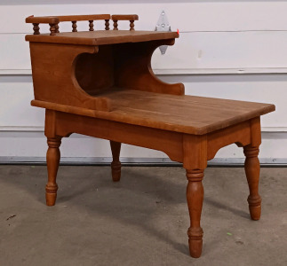 (1) Two-Tier Wooden End Table w/ Decorative Spindle Back