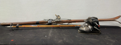 (1) Pair of Vintage Skis (1) Pair of Liljedahl Ski Poles (1) Pair of vintage Koflack Ski Boots