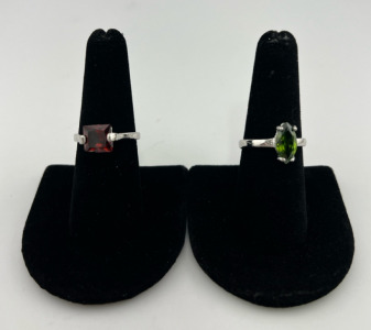(1) Size 7.5 Red Ruby Faceted Square Cut Ring (1) Size 8 Green Peridot Faceted Princess Cut Ring