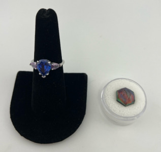 (1) Size 7 Blue Sapphire And Amethyst Ring (1) 5.25ct Natural Fire Opal Doublet Faceted Gemstone Cabochon
