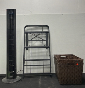 (1) Standing Tower Fan (1) Cot Bed Frame (2) Wicker Baskets (1) Roadside Assistance Kit