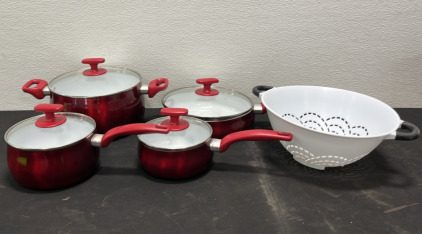 (8) Piece &ldquo;Tasty&rdquo; Titanium Reinforced Cookware Set (1) Strainer
