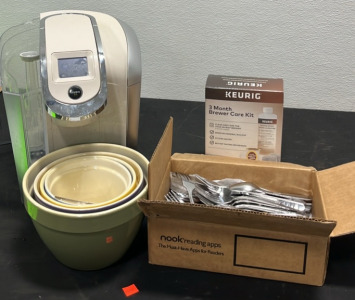 (1) Keurig K-Cup Machine w/ 3 Month Brewer Care Kit (4) Crate & Barrel Nesting Bowls (1) Oneida Quadratic Pattern Silverwear Set