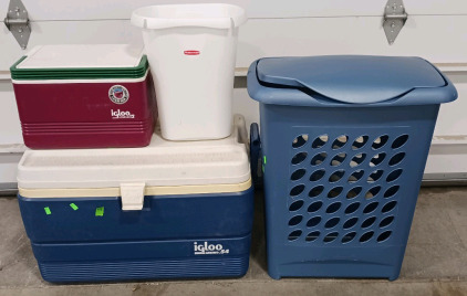 (4) Coolers Waste Basket & Laundry Basket - (2) Igloo Coolers (1) Waste Basket (1) Laundry Basket