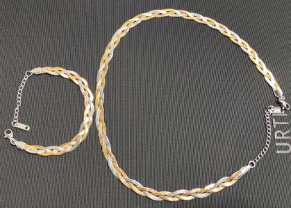 18" Stainless Steel Tri-Color (White, Yellow, & Rose Gold Plated) Braided Herringbone Chain Necklace & A Matching 8" Stainless Steel Tri-Color Herringbone Chain Bracelet