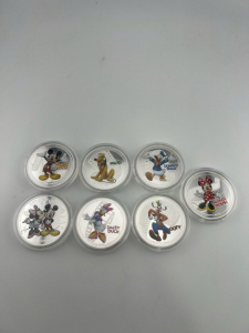 (7) Disney Character Silver Plated Collector Coins