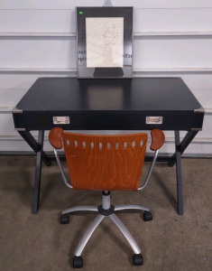 42"x 24"x 30" Kenton Wood Writing Desk w/ Drawers, a 20th Century Modern Wooden Rolling Swivel Chair, & a 16"x 19&frac12;" Framed Drawing Titled "Waiting..." By Susan A. Bosley
