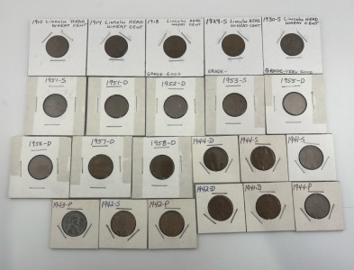 (22) Different Dates Carded 1910-1958 Lincoln Head Wheat Cents