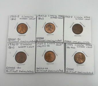 (6) Uncirculated Lincoln Head Wheat Cents 1944,1953-D, 1956-D, 1954-S, 1955-S, 1957-D